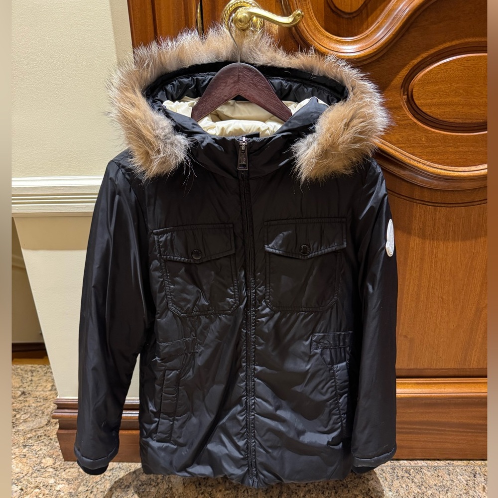 Black Hooded Jacket with real Fur Trim - Moncler Parka size 12-14